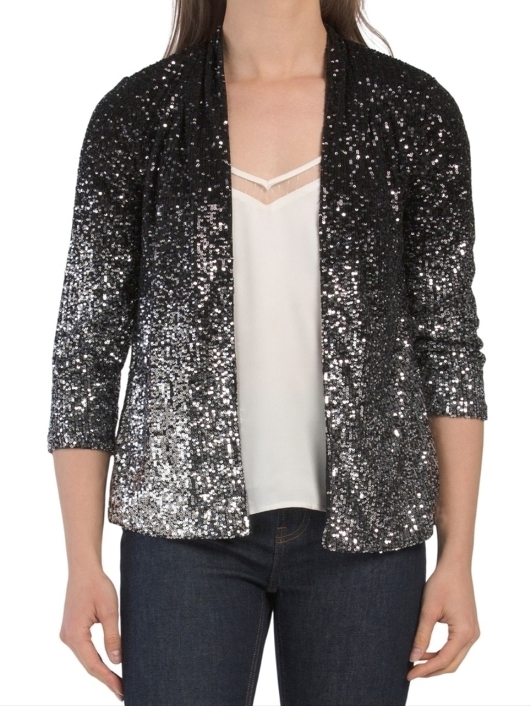 𝅺cable and Gauge Allover Sequin Shawl Jacket with Inverted Pleat